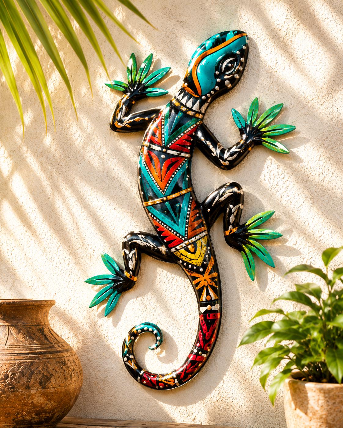 Tribal Gecko Metal Wall Art - Sun-Inspired Garden Decor