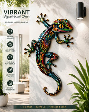 Colorful gecko lizard metal wall art with vibrant artistic patterns printed on aluminum for tropical patio decor