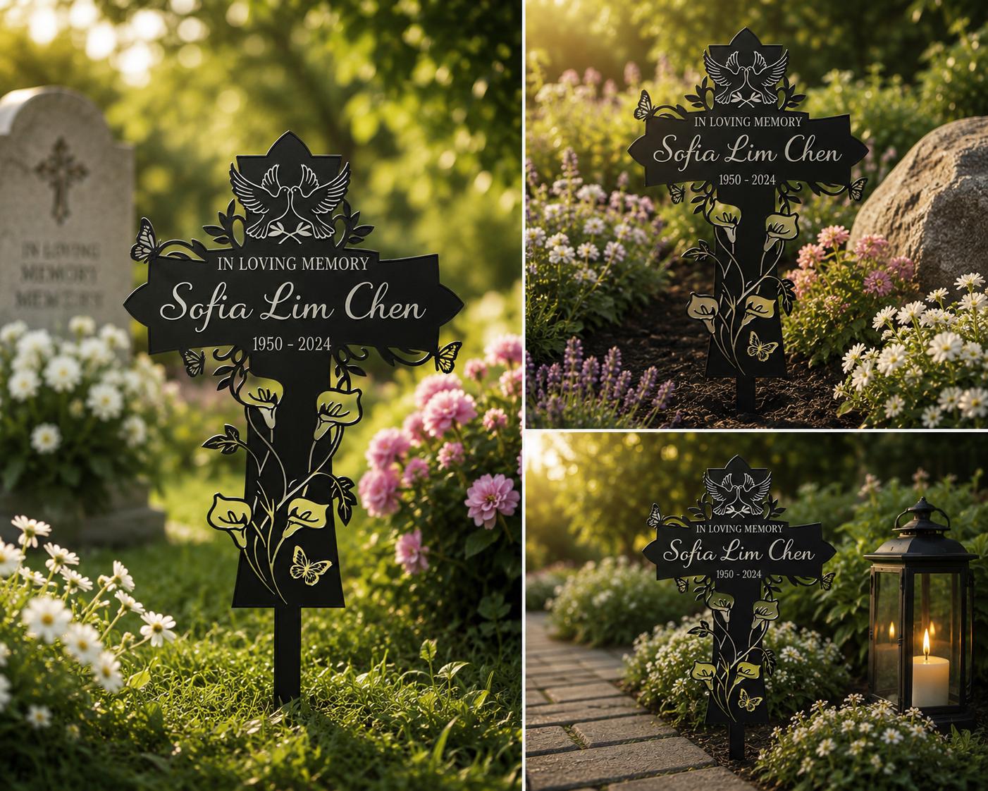 Personalized Cross Memorial Garden Stake, Custom Aluminum Metal Sign, In Loving Memory Grave Marker, Dove Butterfly Sympathy Gift, Metal Sign