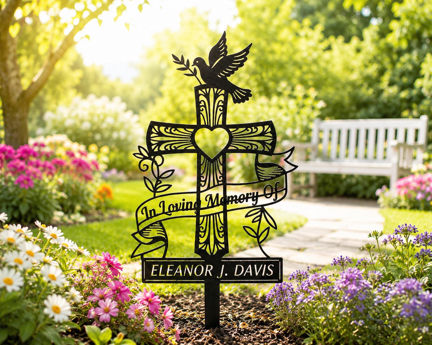 Personalized Cross Memorial Garden Stake, Dove Heart Aluminum Metal Sign, Custom In Loving Memory Grave Marker, Sympathy Gift, Metal Sign