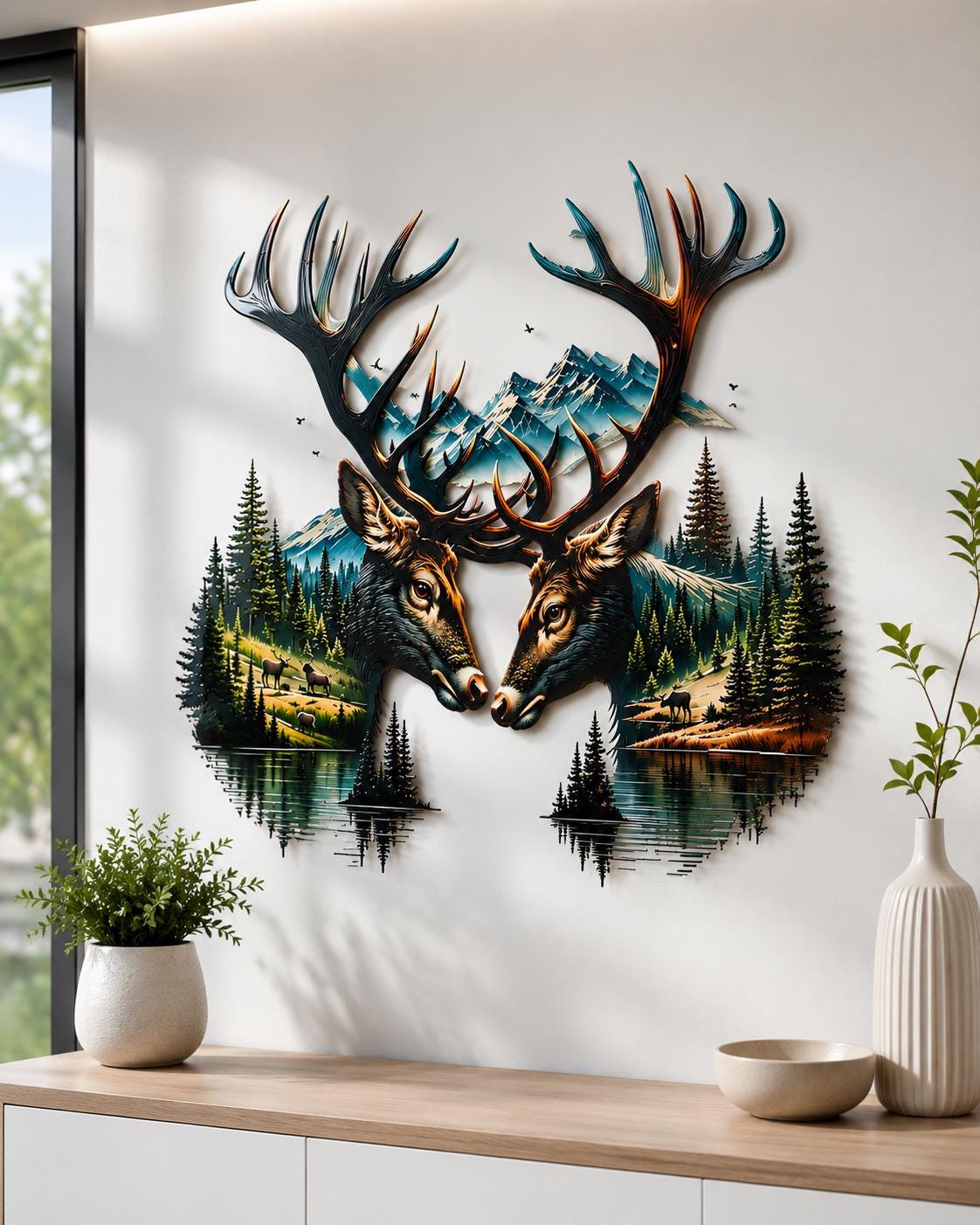 Double Stag Metal Wall Art - Mountain Lodge Accent Decor
