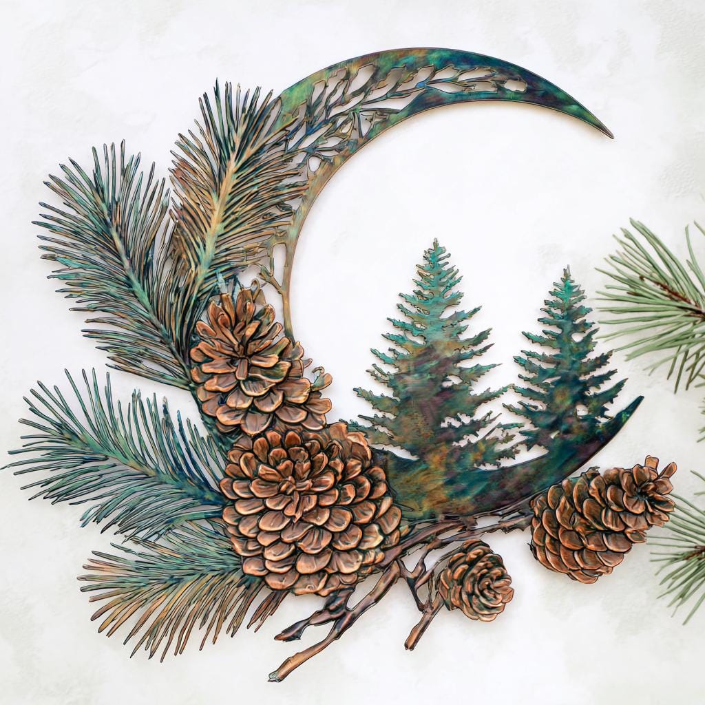 Moon Pine Tree Metal Wall Art Woodland Cabin Decor Outdoor Wall Sign