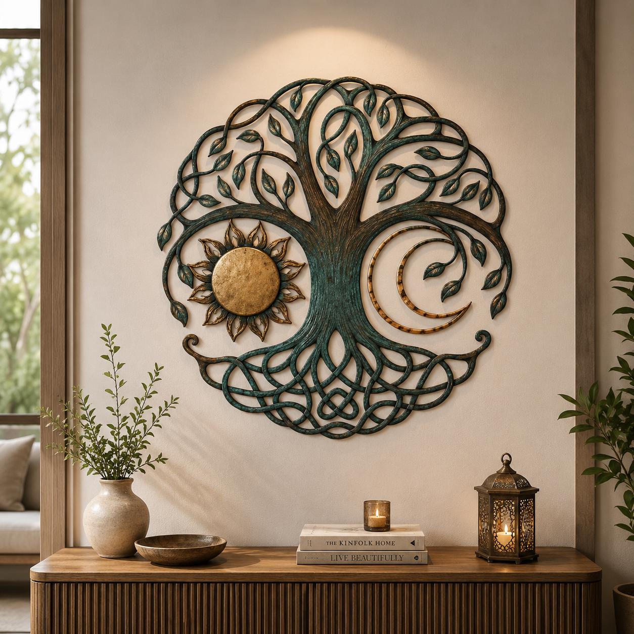 Celtic Tree of Life Metal Wall Art - Sun Moon Boho Decor