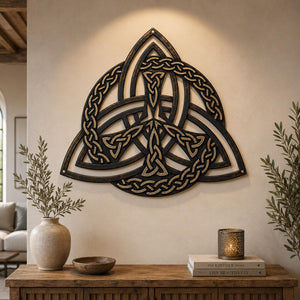 Three-piece metal wall art set with sun, waves, and tree of life designs printed on aluminum for coastal interiors