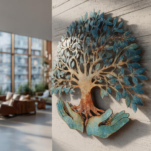 Tree of life metal wall art showing hands holding a flourishing tree in teal and copper tones on aluminum