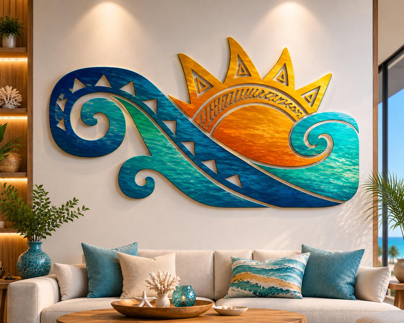 Sunrise Ocean Metal Wall Art - Coastal Wave Patio Decor