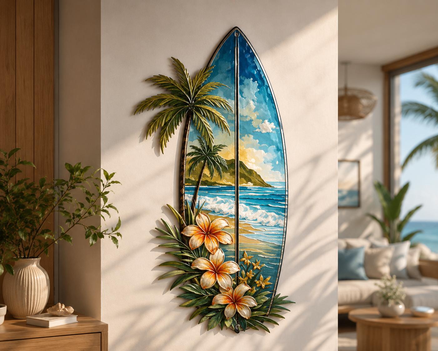 Surfboard Metal Wall Art - Tropical Beach House Decor
