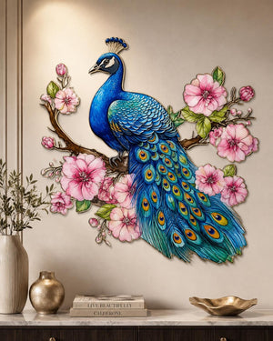 Colorful peacock metal wall art with floral details and vibrant plumage printed on aluminum for luxury home decor