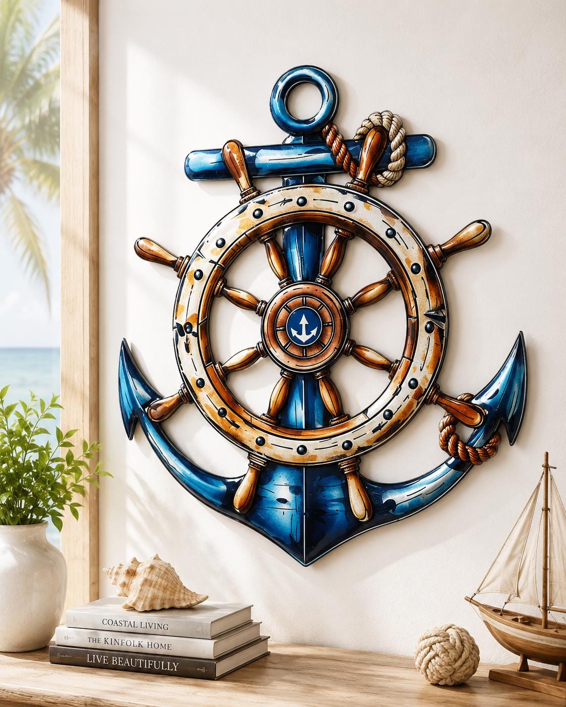 Anchor and Steering Wheel Metal Wall Art - Nautical Decor