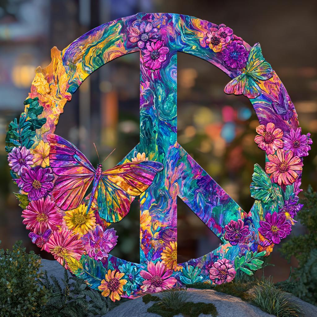 Floral Peace Sign Metal Wall Art, Retro Boho Hippie Decor Sign