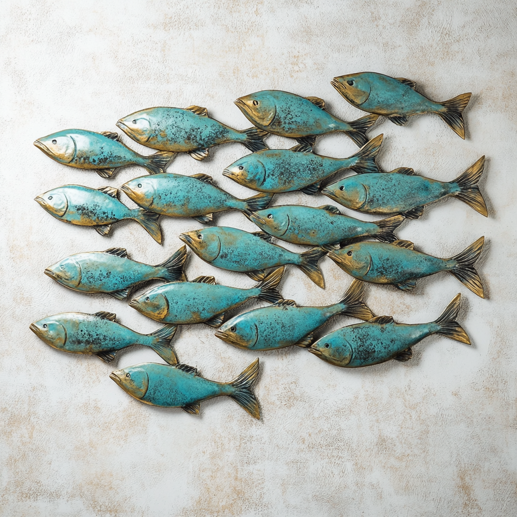 Blue School of Fish Metal Wall Art, Coastal Ocean Decor for Patio & Garden