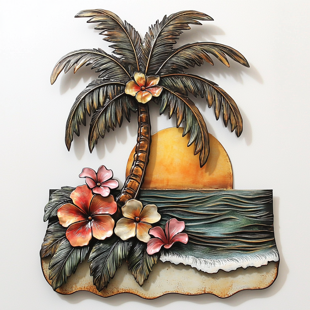 Coconut Beach Hibiscus Sunset Metal Wall Art, Tropical Coastal Decor