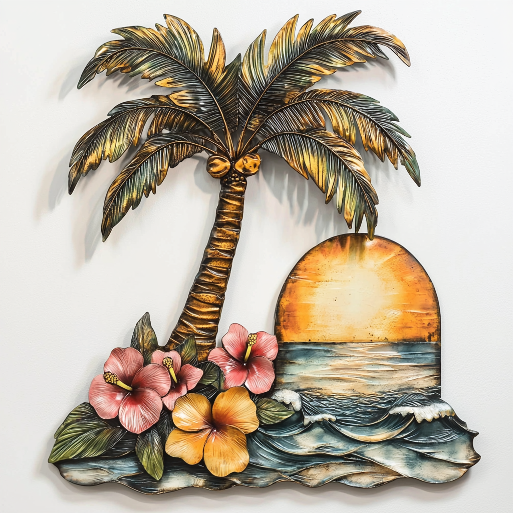 Coconut Beach Hibiscus Sunset Metal Wall Art, Tropical Coastal Decor for Patio