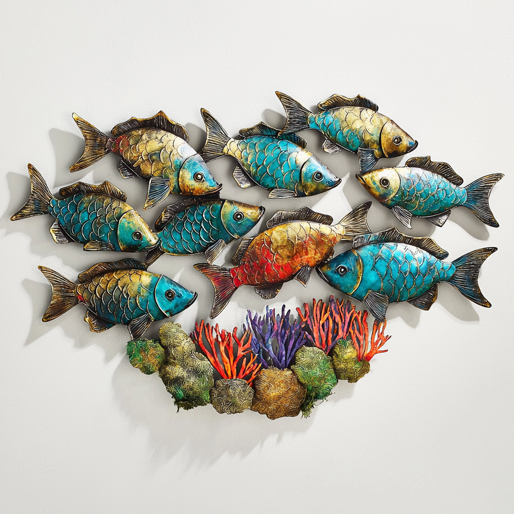 School of Fish Coral Metal Wall Art, Coastal Ocean Decor for Patio & Garden