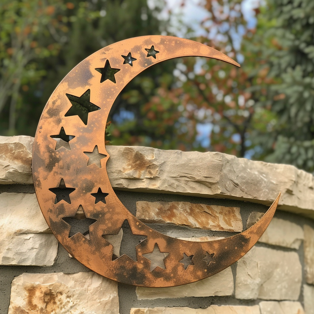 Holographic Crescent Moon Metal Wall Art, Celestial Star Decor for Patio
