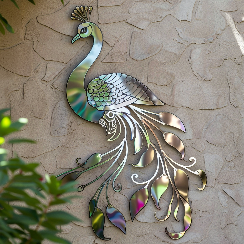 Holographic Peacock Metal Wall Art – Colorful Bird Garden Decor Sign