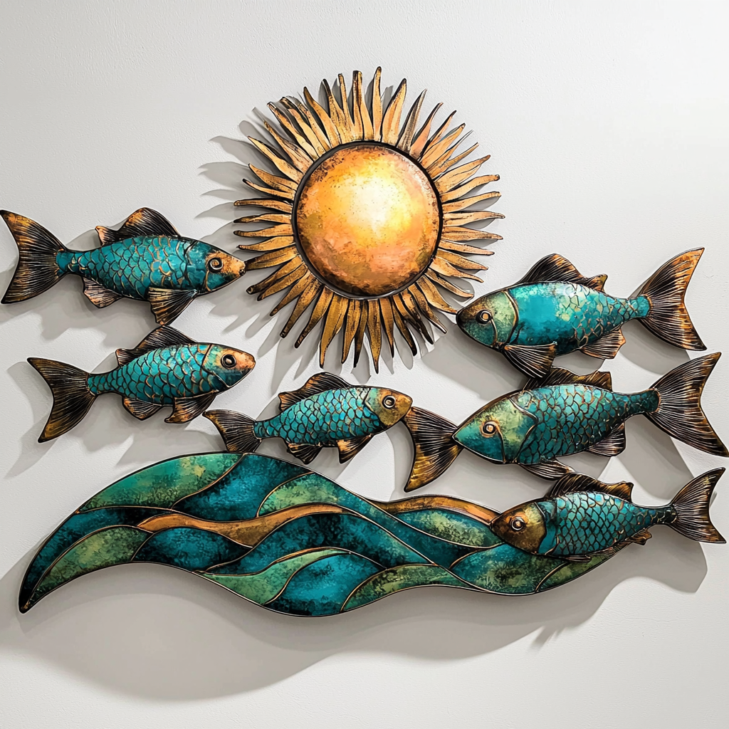 School of Fish Coral Metal Wall Art, Coastal Ocean Decor for Patio & Garden V2