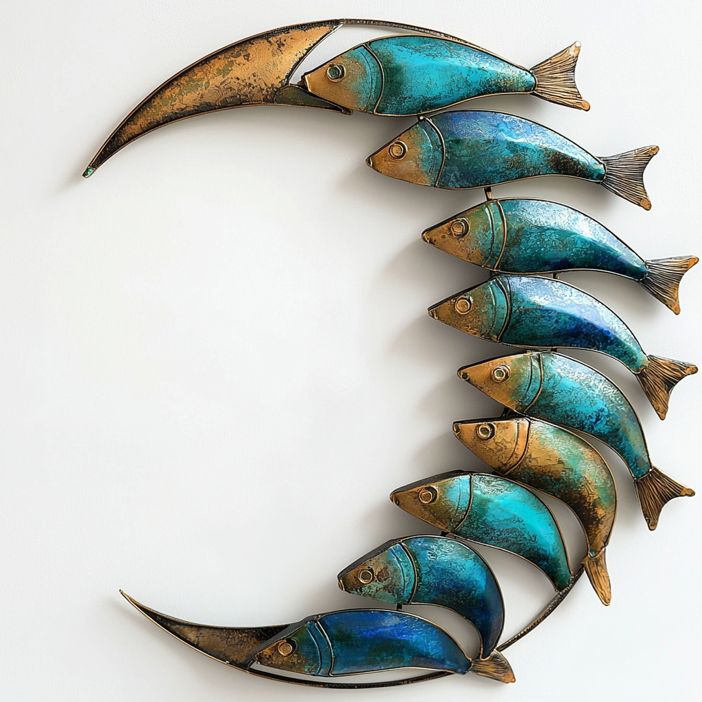 Moon School of Fish Metal Wall Art, Coastal Celestial Decor for Patio & Garden