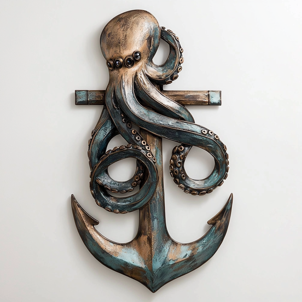 Octopus Ship Wheel Metal Wall Art, Nautical Coastal Decor for Patio & Garden