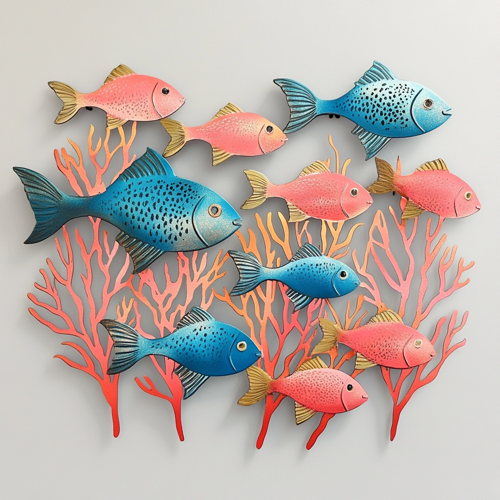 Fish and Pink Coral Metal Wall Art, Coastal Ocean Decor for Patio & Garden