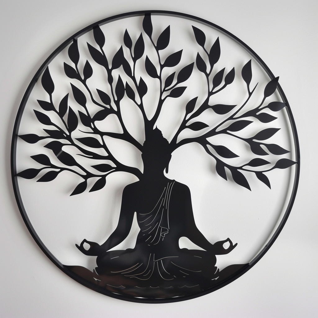 Black Buddha Tree of Life Metal Wall Art, Zen Spiritual Decor for Patio