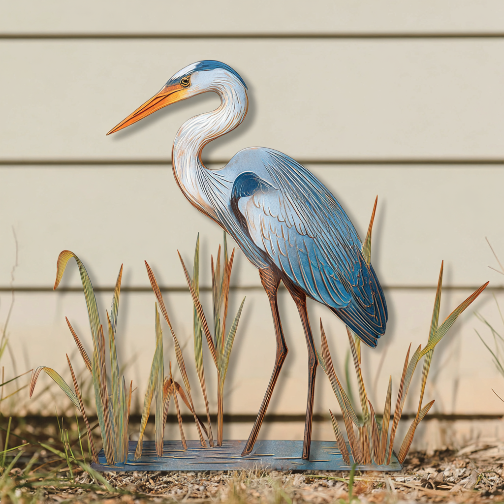 Blue Heron Metal Wall Art, Wetland Bird Decor for Patio
