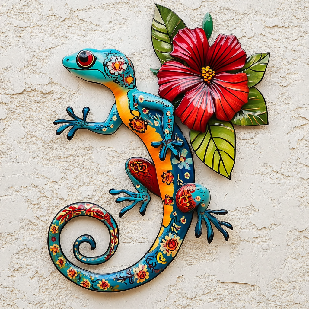 Blue Gecko Hibiscus Metal Wall Art, Tropical Island Decor for Patio & Garden