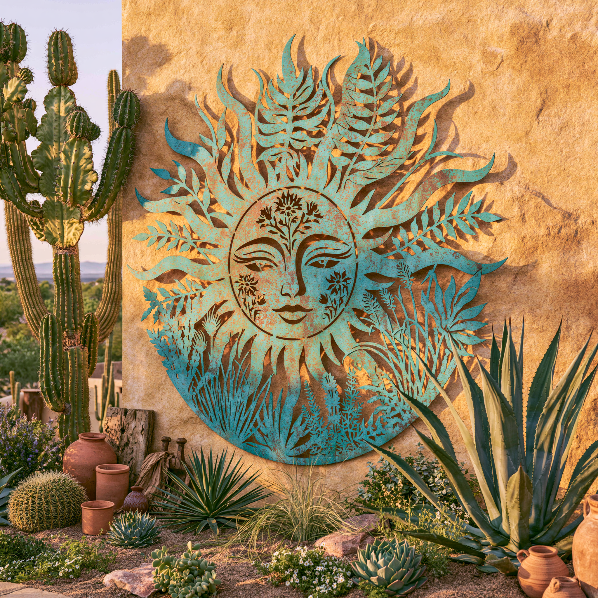Celestial Sun Face Metal Wall Art Botanical Garden Decor