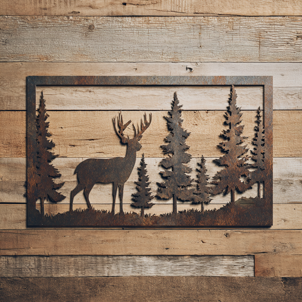 Rustic Deer Mountain Metal Wall Art, Cabin Wildlife Decor for Patio
