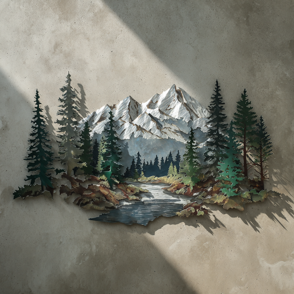 Mountain Forest River Metal Wall Art, Rustic Cabin Nature Decor for Patio