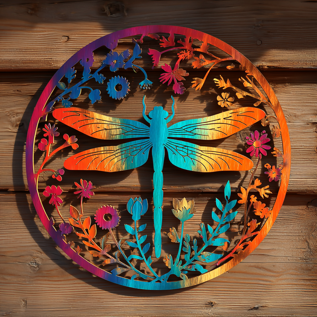 Colorful Dragonfly Metal Wall Art, Floral Garden Decor for Patio