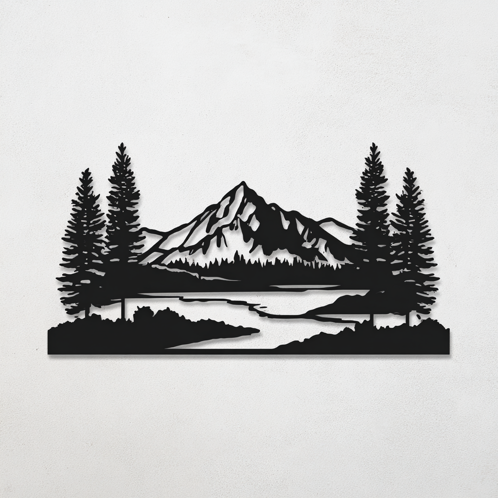 Black Mountain Forest Metal Wall Art, Rustic Cabin Nature Decor for Patio