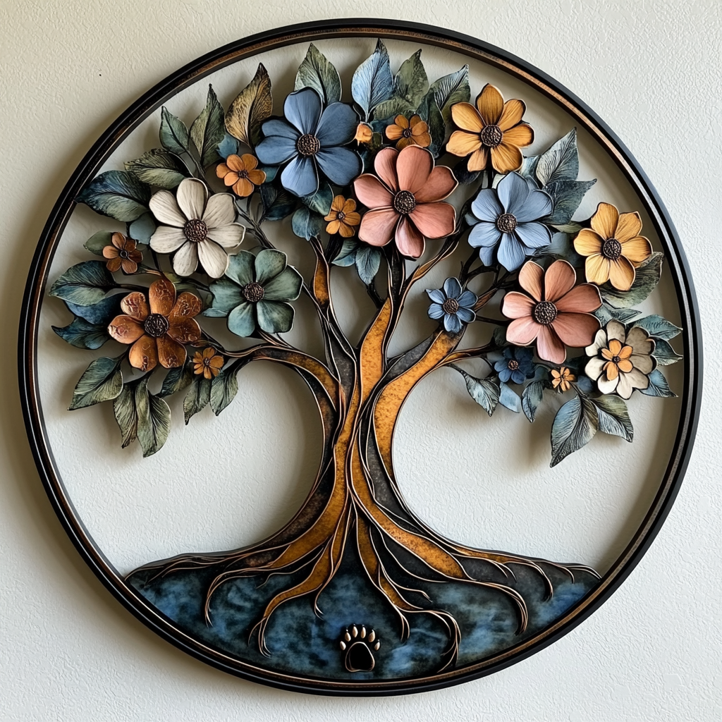 Flower Tree of Life Metal Wall Art, Botanical Nature Decor for Patio & Garden