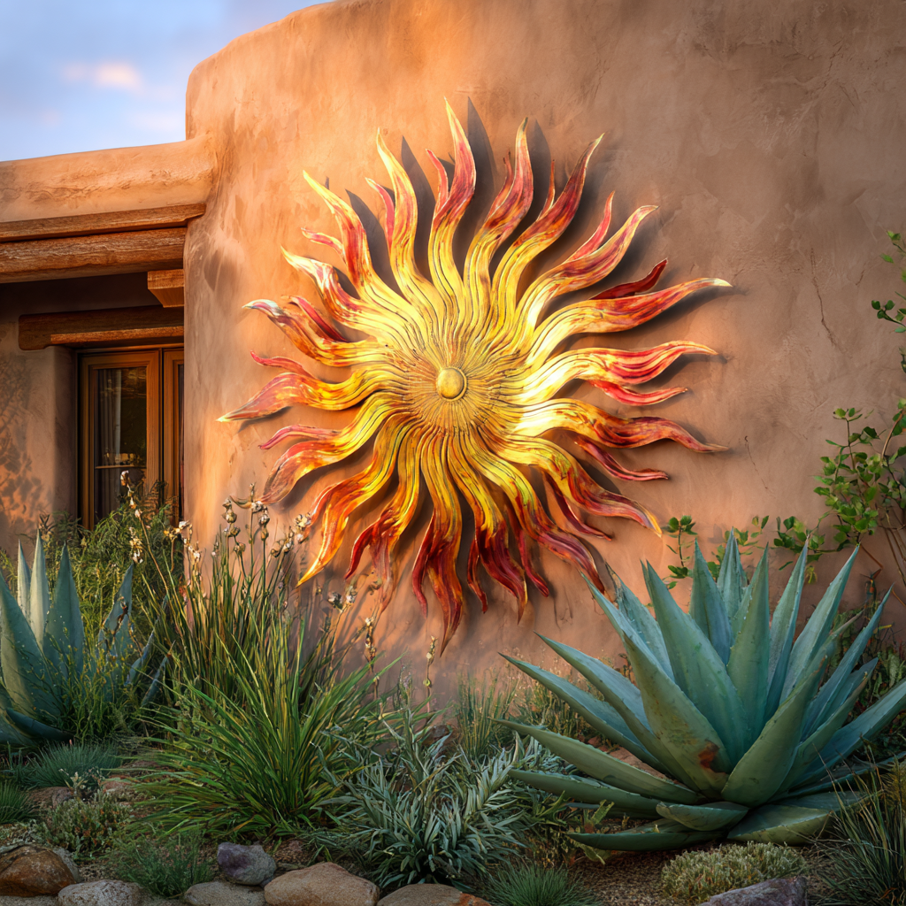 Terracotta Sunburst Metal Wall Art, Rustic Southwest Outdoor Decor