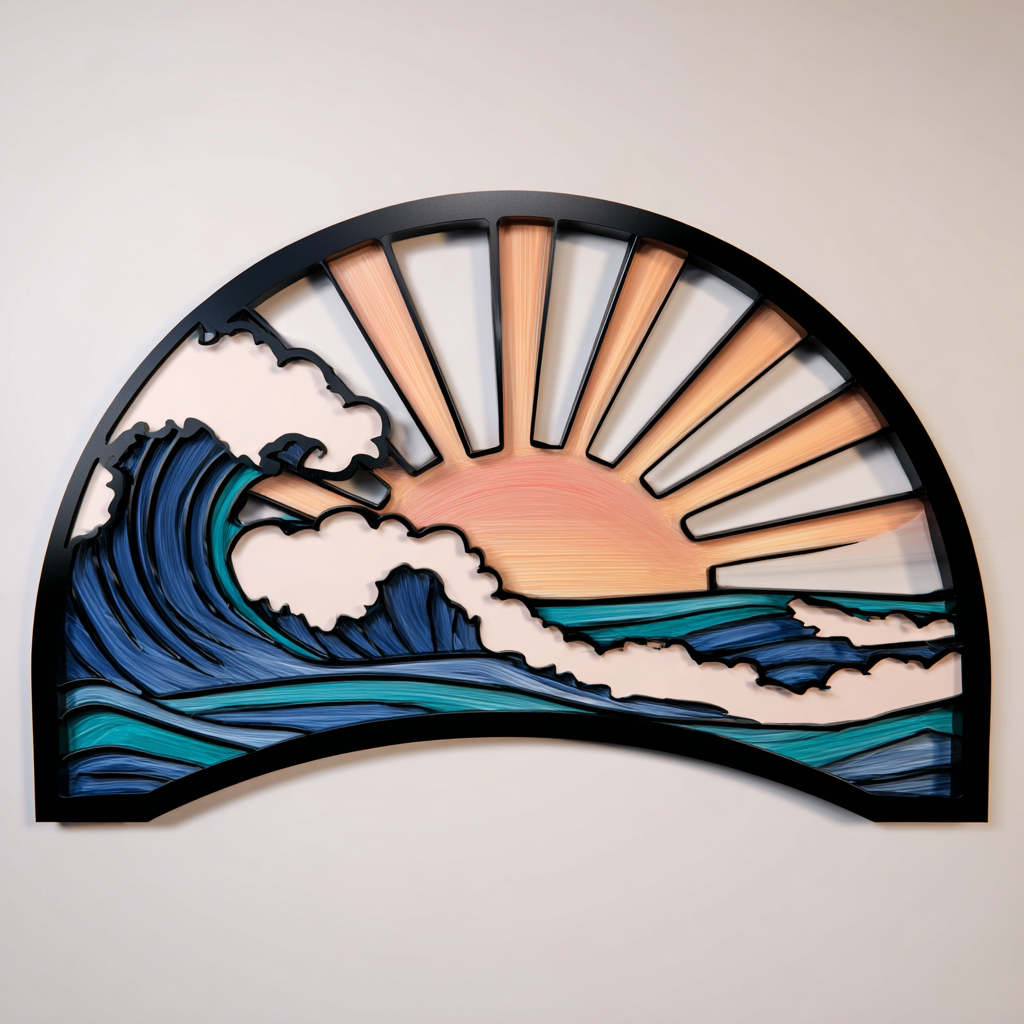 Coastal Sun and Wave Metal Wall Art UV Printed Beach Ocean Decor