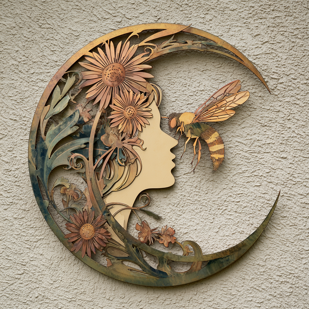 Moon Bee Metal Wall Art Celestial Garden Decor Wildflower Outdoor Wall Sign
