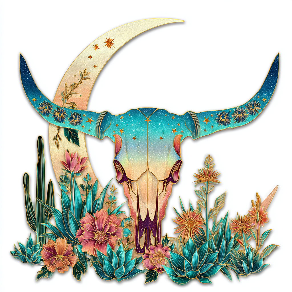 Aztec Bull Skull Metal Wall Art, Southwestern Crescent Moon Decor, Desert Western Patio Sign