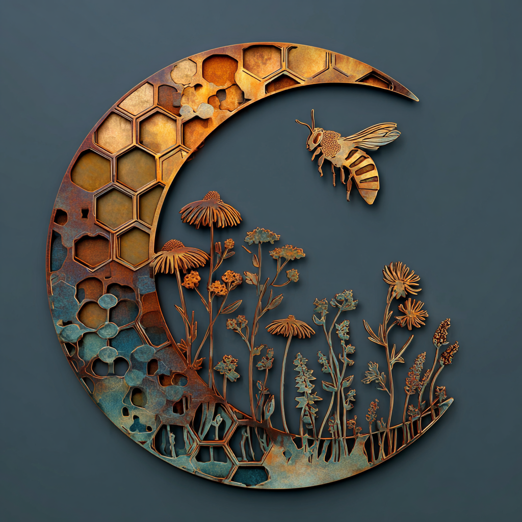 Honeycomb Moon Metal Wall Art Bee Garden Decor Wildflower Outdoor Wall Sign