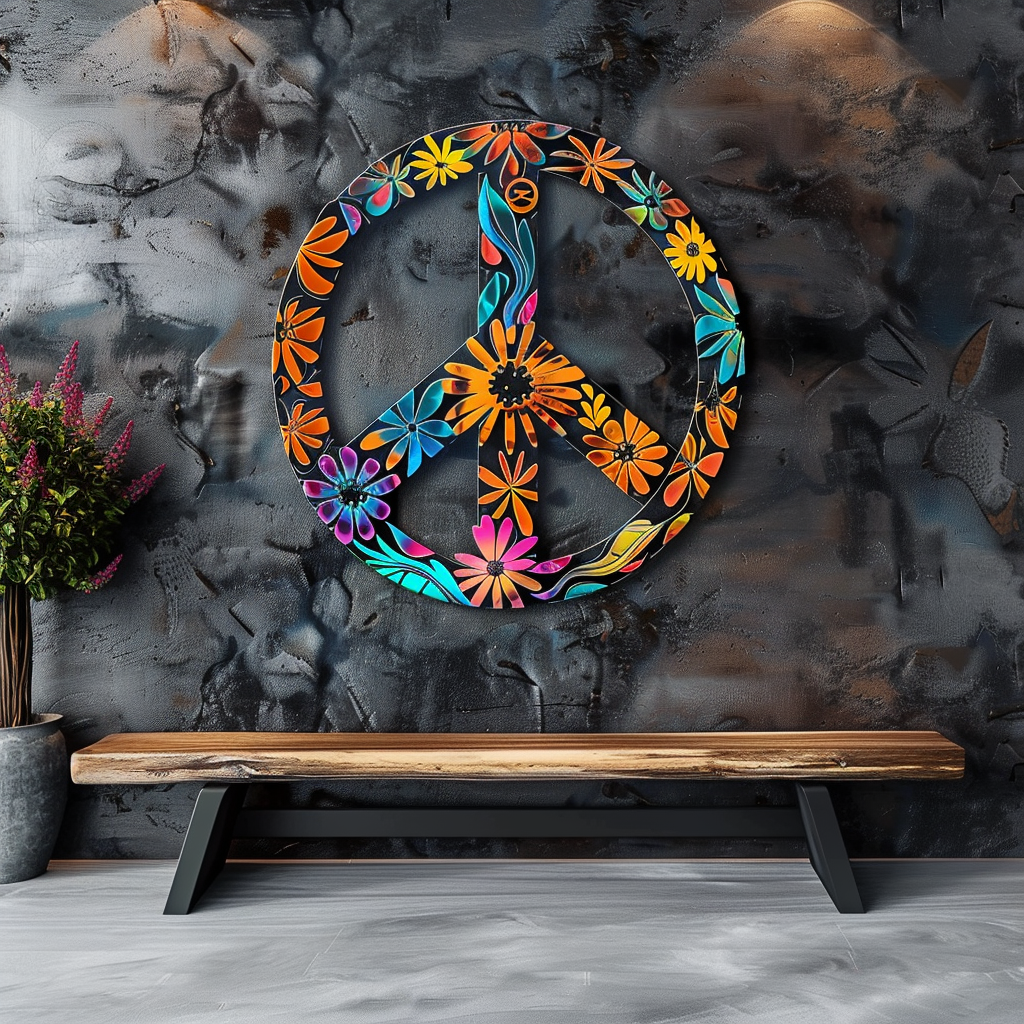 Floral Hippie Metal Sign, Retro Flower Decor for Patio & Garden