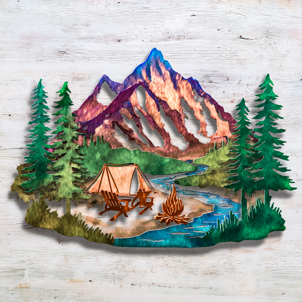Camping Metal Wall Art Campfire Chairs Pine Forest Cabin Outdoor Wall Decor