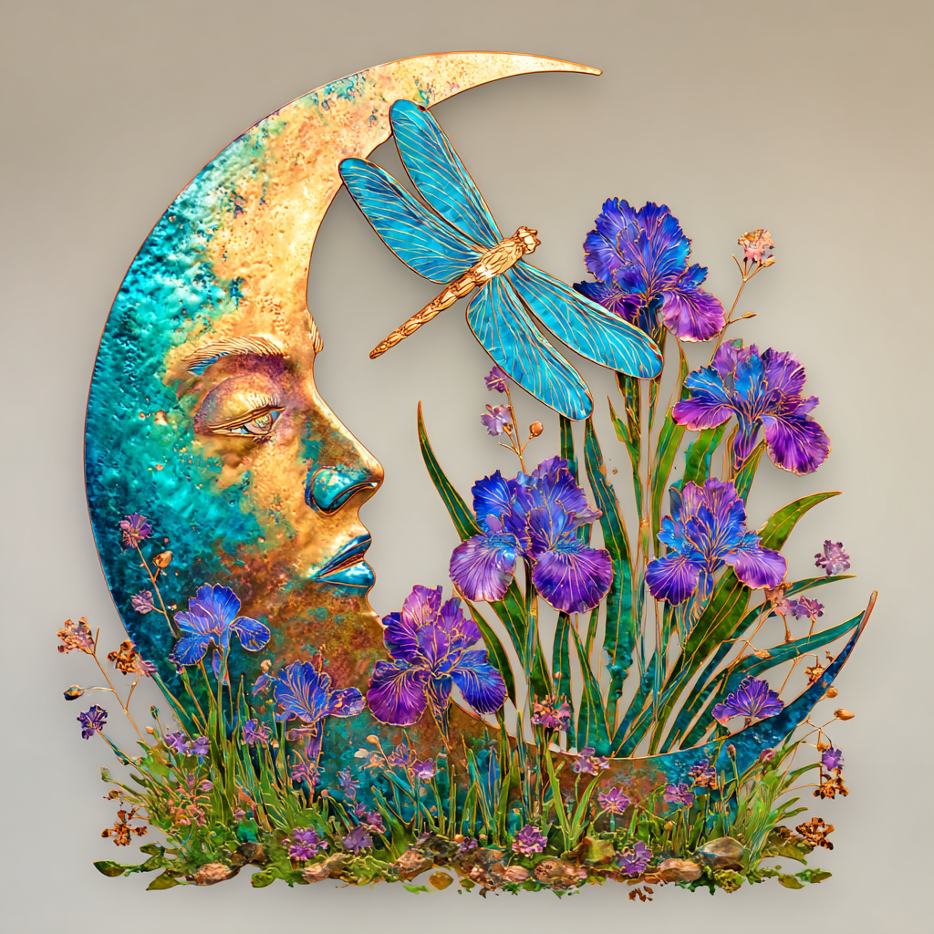 Dragonfly Moon Metal Wall Art Celestial Iris Flower Garden Wall Decor