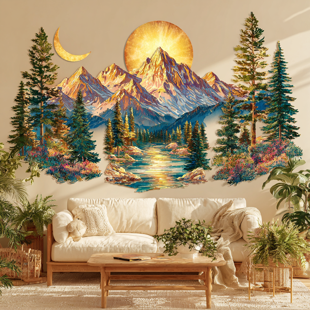 Sun Moon Mountain Metal Wall Art Forest Cabin Celestial Nature Wall Decor