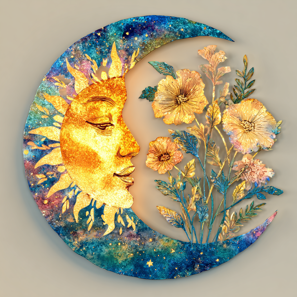 Sun Moon Metal Wall Art Celestial Floral Boho Bedroom Wall Decor