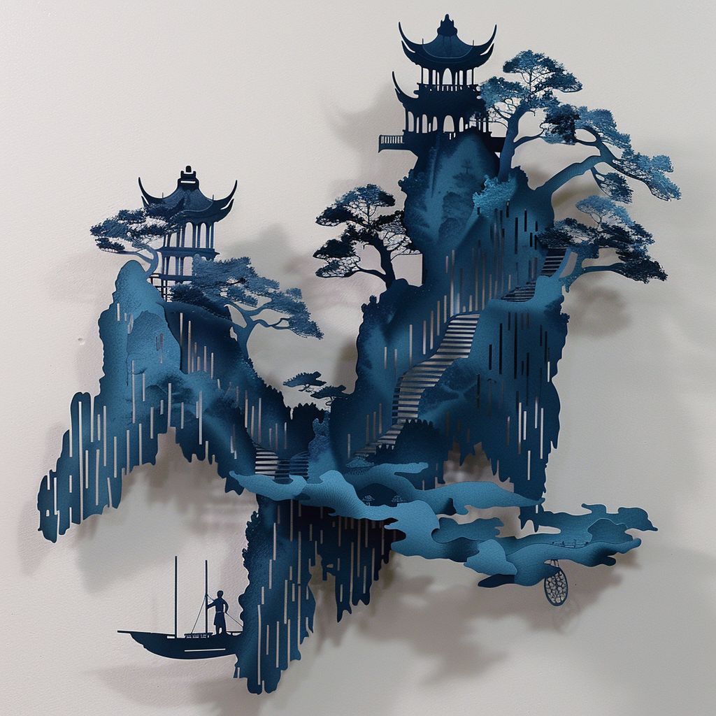 Blue Chinese Temple Metal Wall Art – Asian Zen Landscape Garden Decor Sign