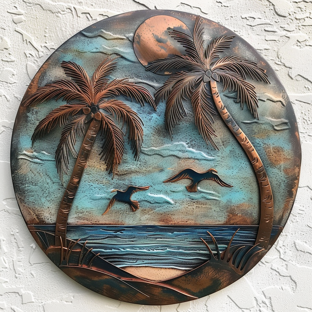 Palm Tree Beach Wave Metal Wall Art – Tropical Coastal Ocean Garden Decor Sign