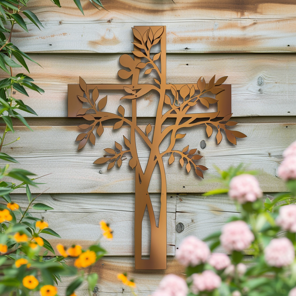 Cross Tree of Life Metal Wall Art – Christian Spiritual Garden Decor Sign