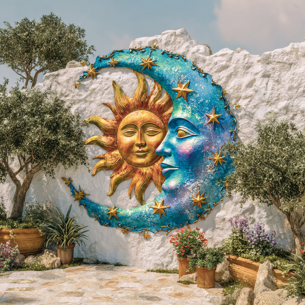 Celestial Sun Moon Metal Wall Art Aluminum UV Printed Outdoor Wall Decor Boho Celestial Sign Coastal Garden Patio Decor
