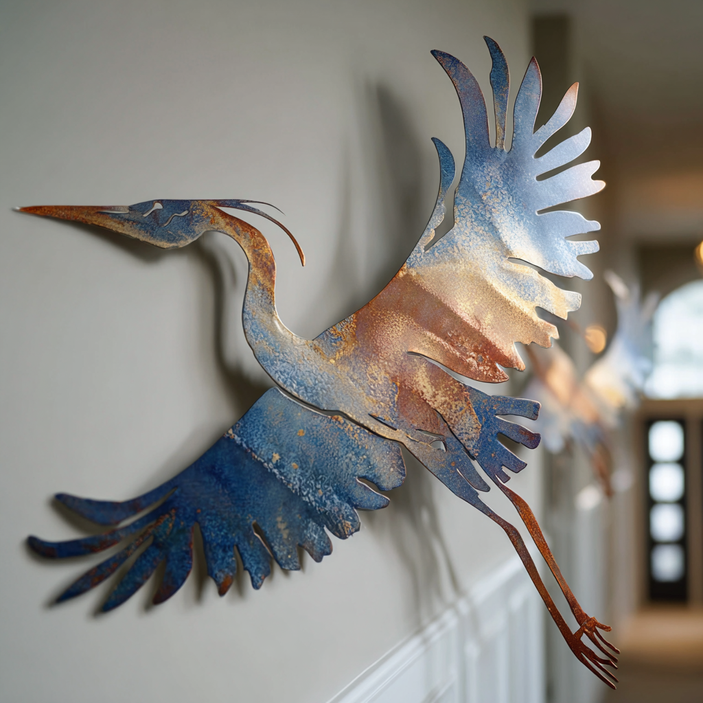 Flying Heron Metal Wall Art Coastal Bird Outdoor Decor Great Blue Heron Metal Sign Garden Porch Wall Art