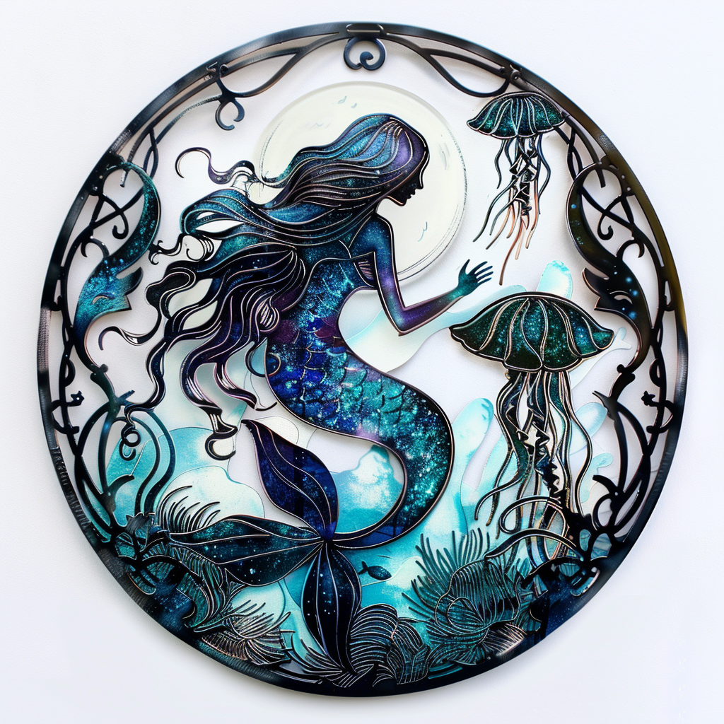 Mermaid Moon Metal Wall Art Coastal Ocean Decor Nautical Beach House Wall Hanging Fantasy Sea Maiden Outdoor Metal Sign