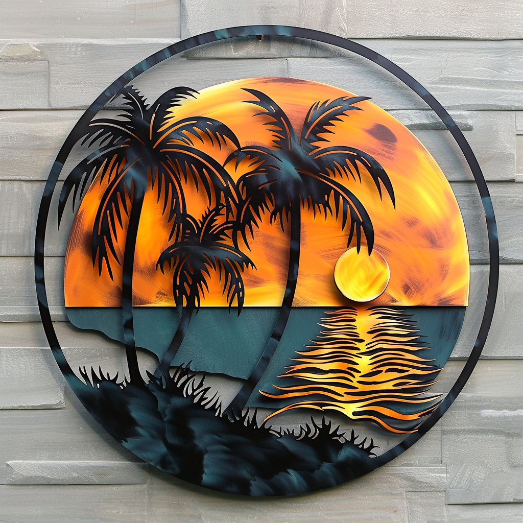 Palm Tree Metal Wall Art, Tropical Coastal Beach Decor V2